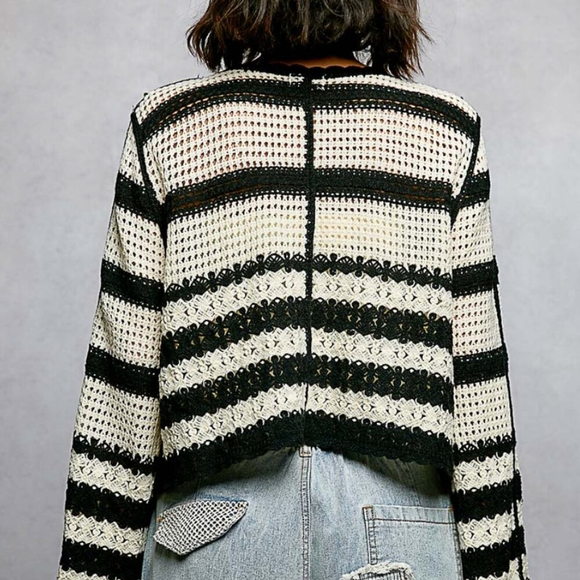 POL Crochet Stripe Floral Embroidered Cardigan One Size Boho Cottagecore - Picture 3 of 6